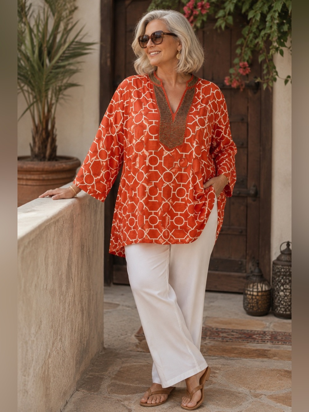 Charter Club Orange Geometric Caftan Tunic with Metal Beaded Embellished V-Neck